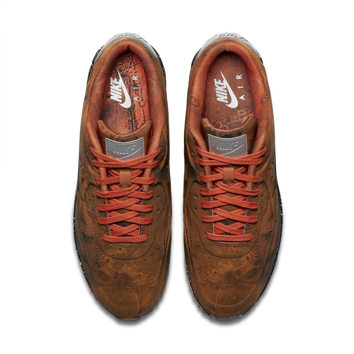 Nike Air Max 90 Mars Landing sneakers in Mars Stone and Magma Orange from top view, featuring unique textural design.