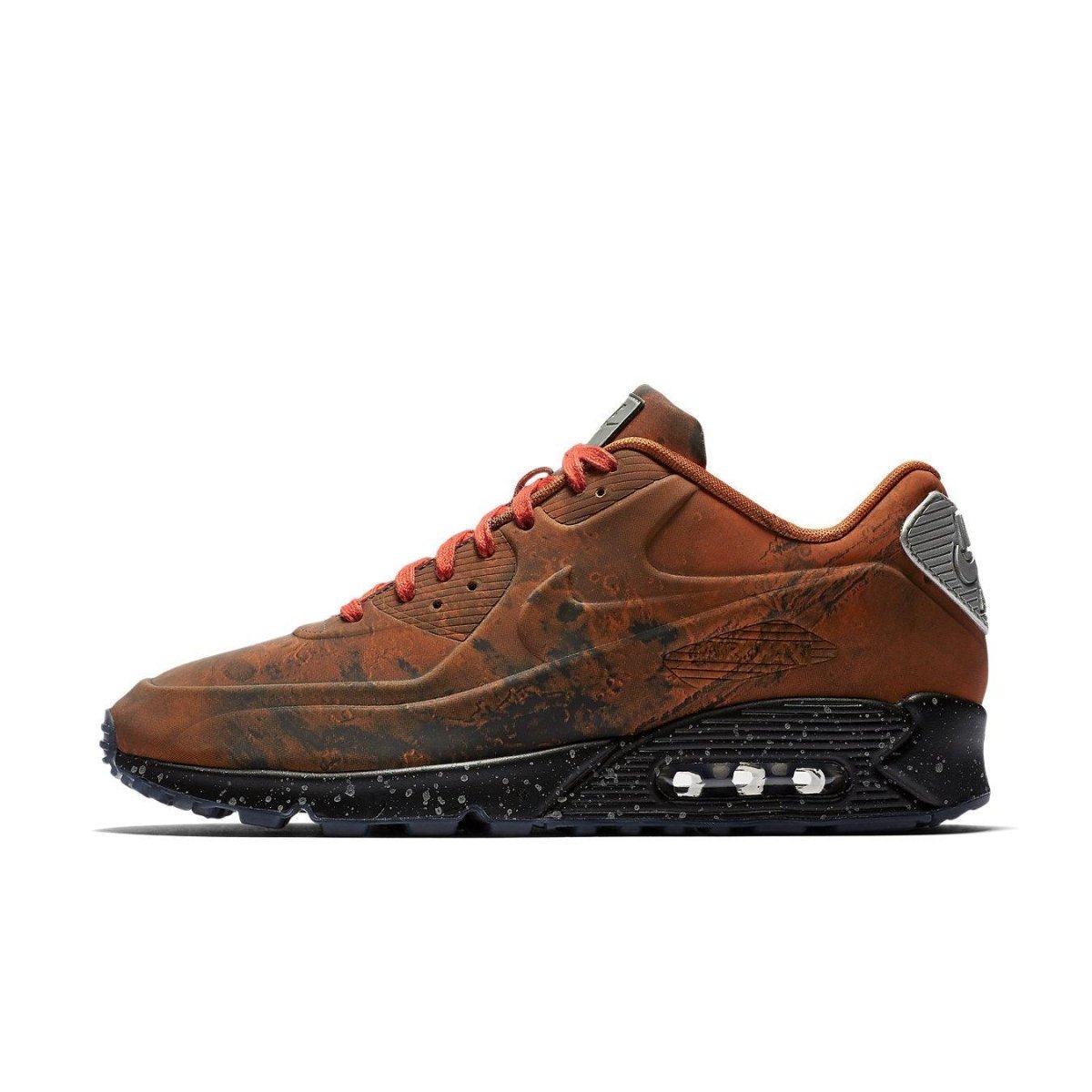 Nike Air Max 90 Mars Landing sneaker showcasing Mars Stone and Magma Orange colors, inspired by Martian terrain.