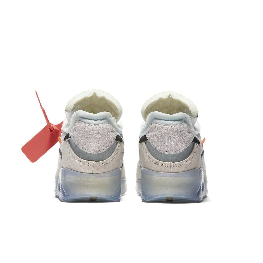 Nike Air Max 90 Off-White sneaker rear view featuring visible air cushioning and distinctive tag.