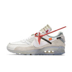 Nike Air Max 90 Off-White sneaker in white and gray with visible air cushioning and unique design details.