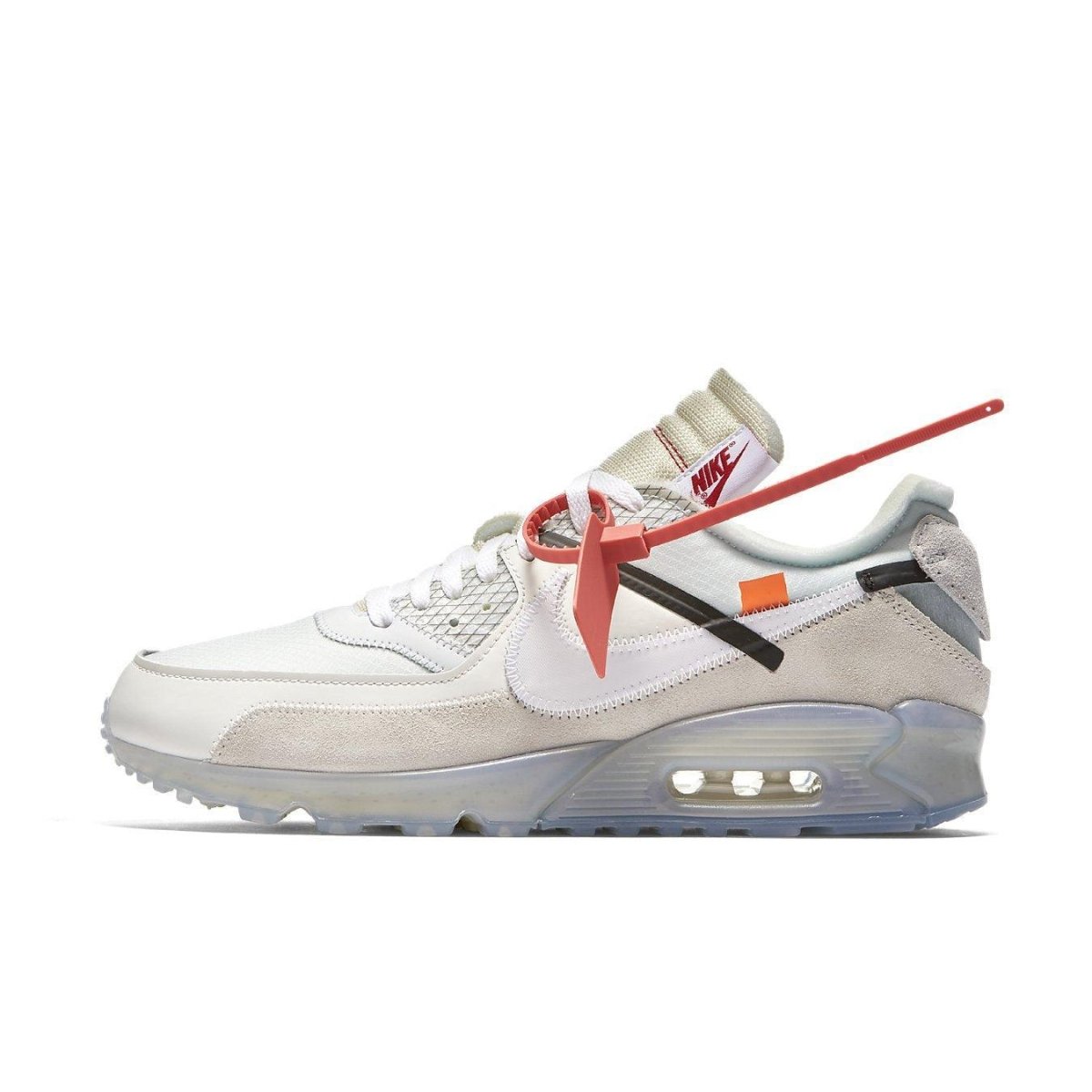 Nike Air Max 90 Off-White sneaker in white and gray with visible air cushioning and unique design details.