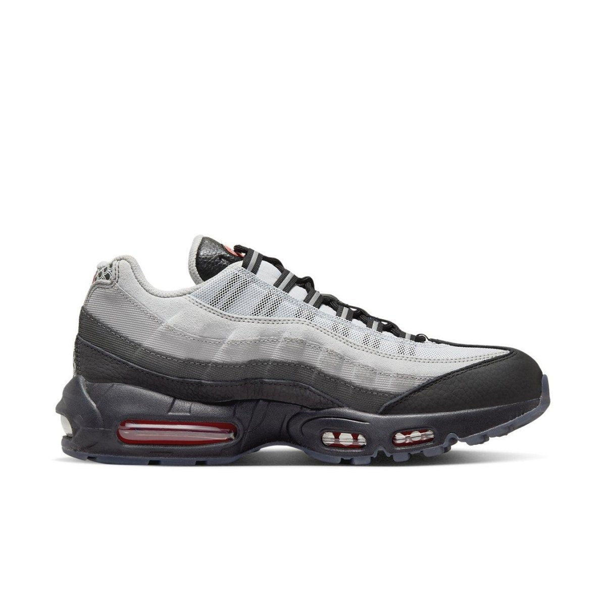 Nike Air Max 95 Fish Scales sneakers in gray and black with red accents and reflective 3M detailing.