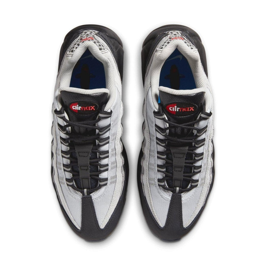 Top view of Nike Air Max 95 Fish Scales in grey and black with red accents and 3M reflective features.