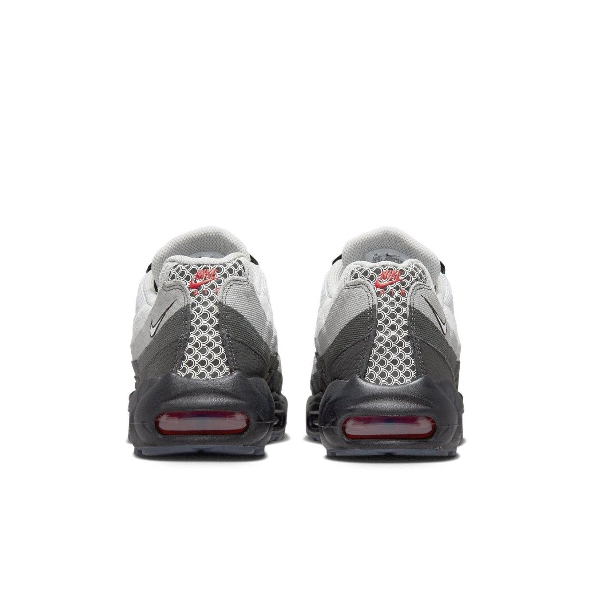 Nike Air Max 95 Fish Scales in gray and black with 3M reflective details and red accents, showing the rear view.