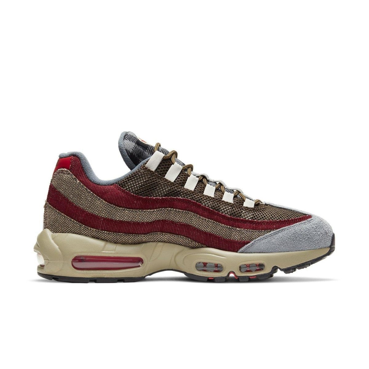 Nike Air Max 95 Freddy Krueger sneaker with red and brown stripes, inspired by A Nightmare on Elm Street.
