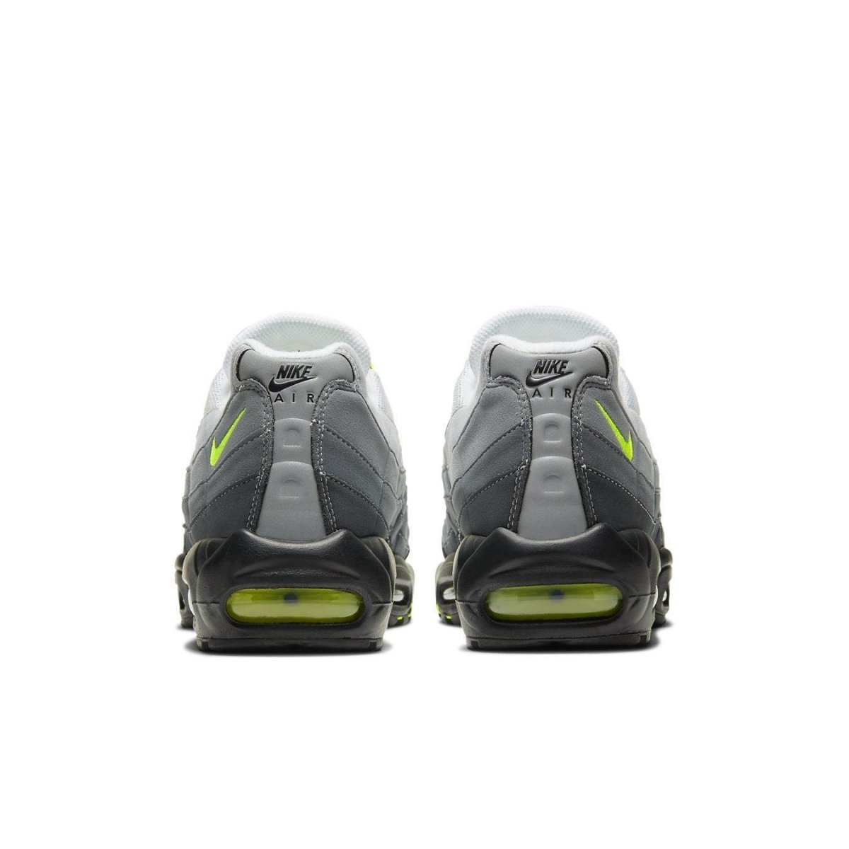 Rear view of Nike Air Max 95 OG Neon (2020), highlighting the gray design and neon accents.