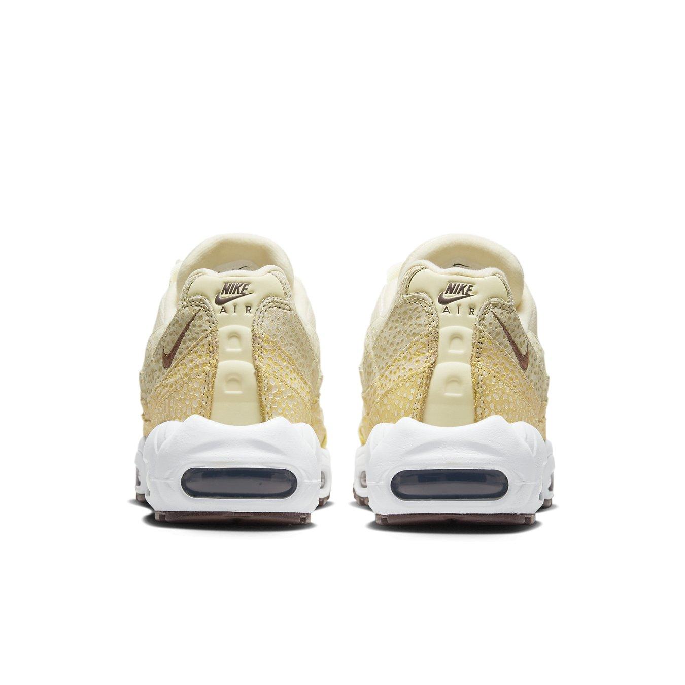 Nike Air Max 95 Saturn Gold Alabaster women's sneakers, back view showcasing gold and white design.