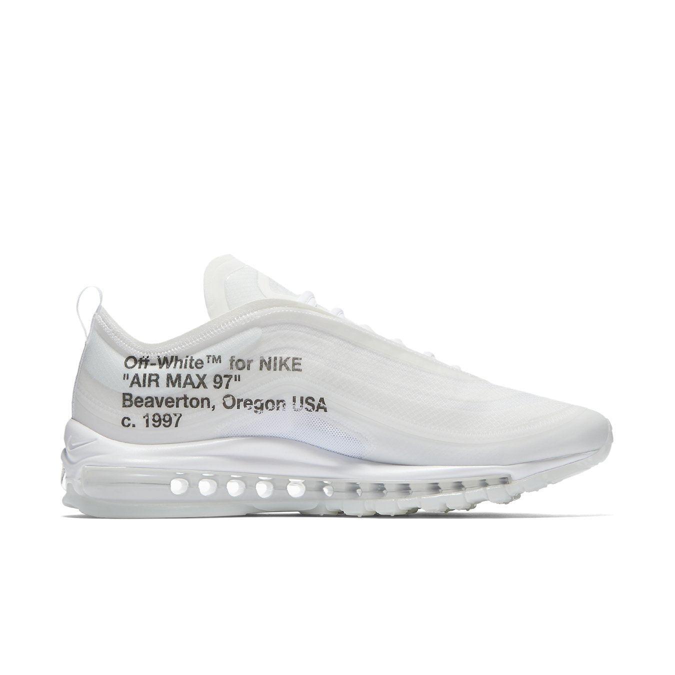 Nike Air Max 97 Off-White in white, featuring a transparent upper and iconic logo details, designed by Virgil Abloh.