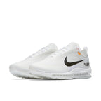 Nike Air Max 97 Off-White sneakers featuring a transparent upper and black 'AIR' logo, part of Virgil Abloh's collection.