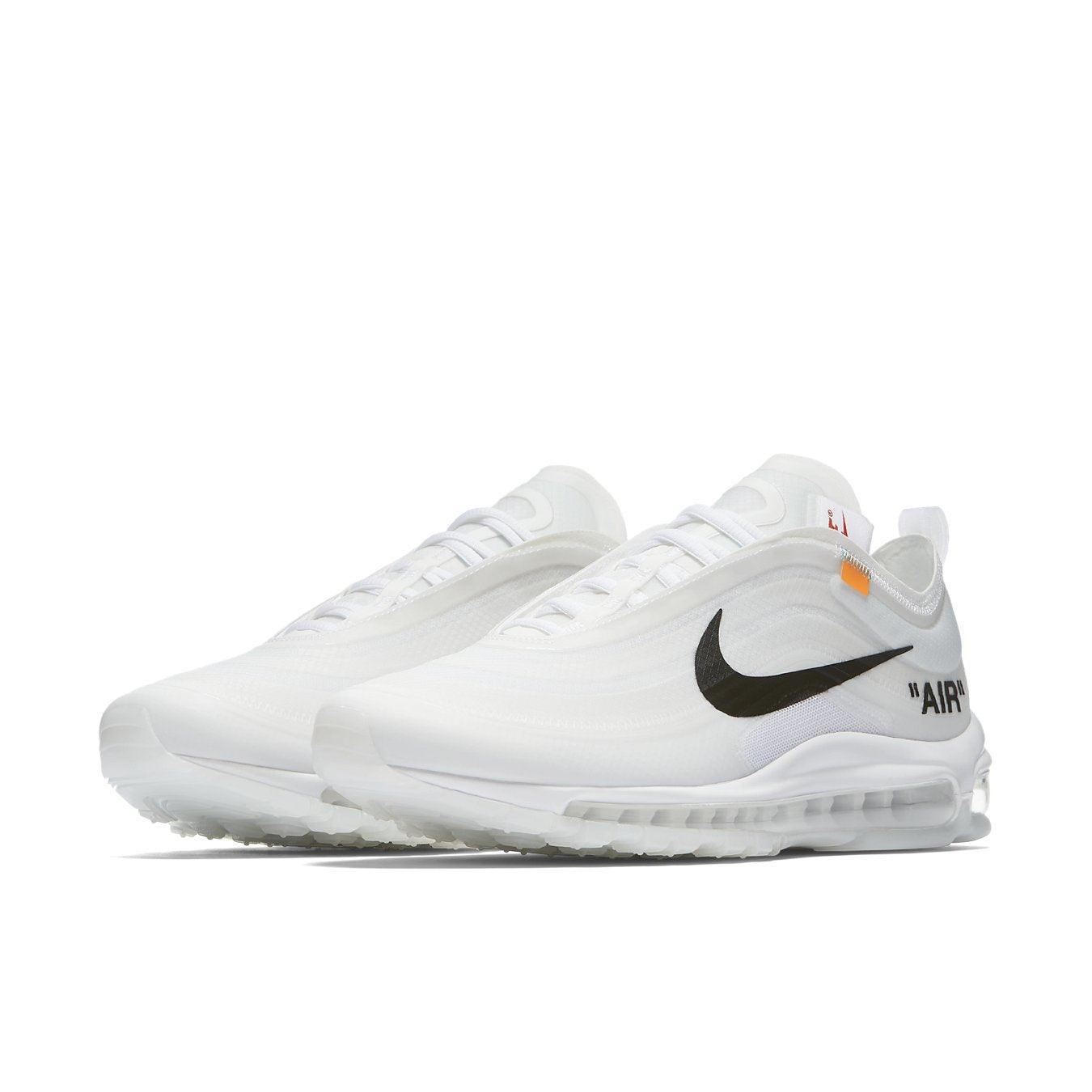 Nike Air Max 97 Off-White sneakers featuring a transparent upper and black 'AIR' logo, part of Virgil Abloh's collection.