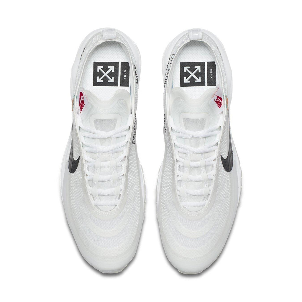 Nike Air Max 97 Off-White top view showcasing transparent design and iconic logo details.