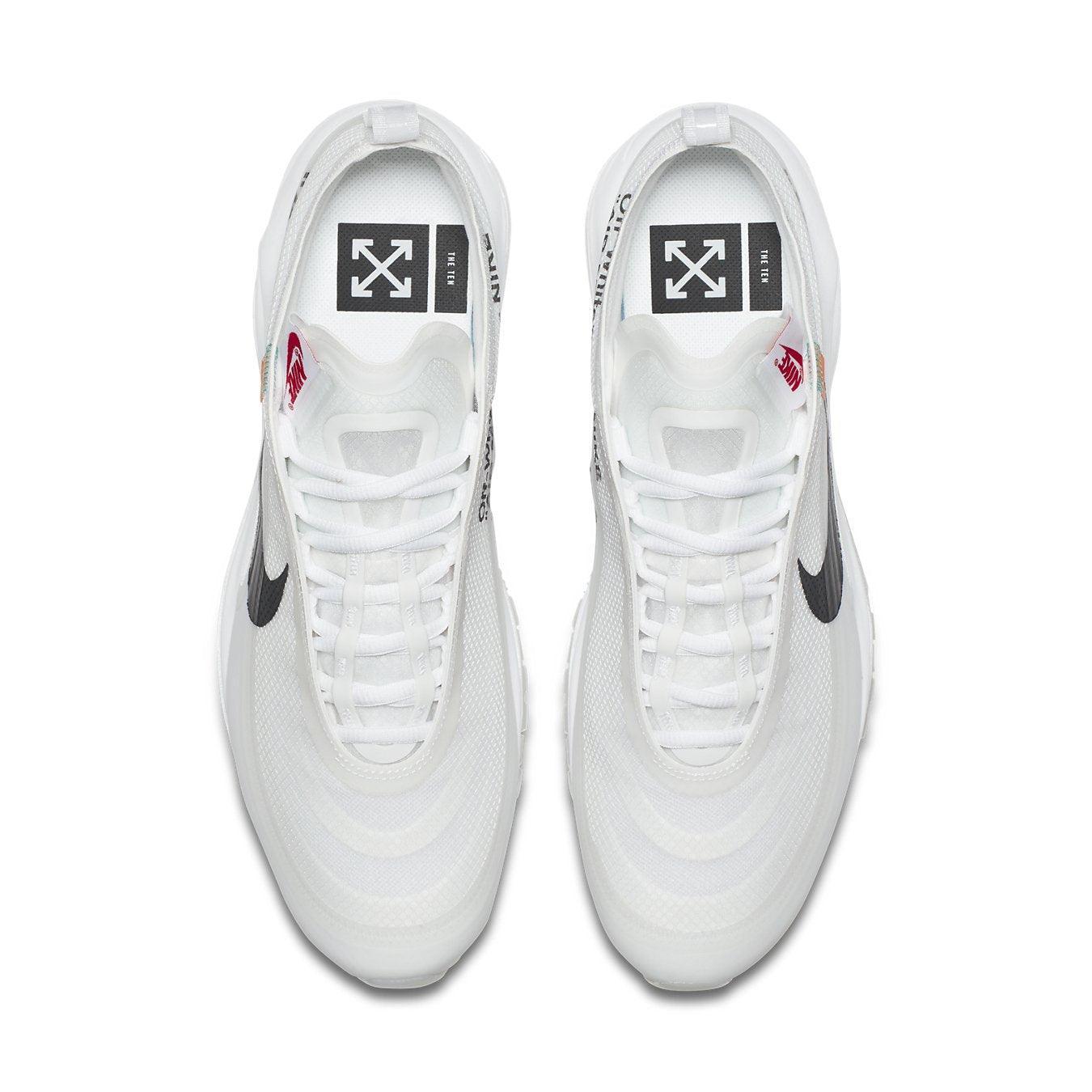 Nike Air Max 97 Off-White top view showcasing transparent design and iconic logo details.
