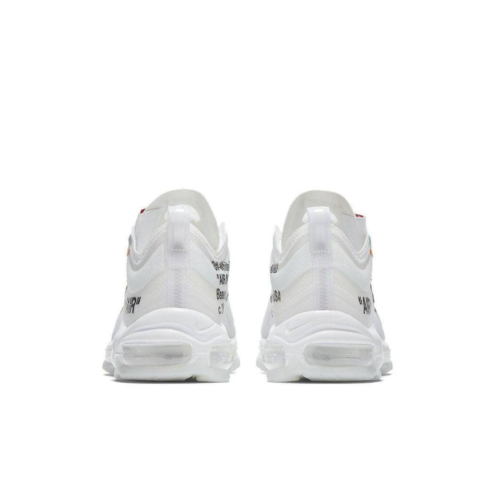 Nike Air Max 97 Off-White sneaker back view, showcasing transparent construction and unique design details.