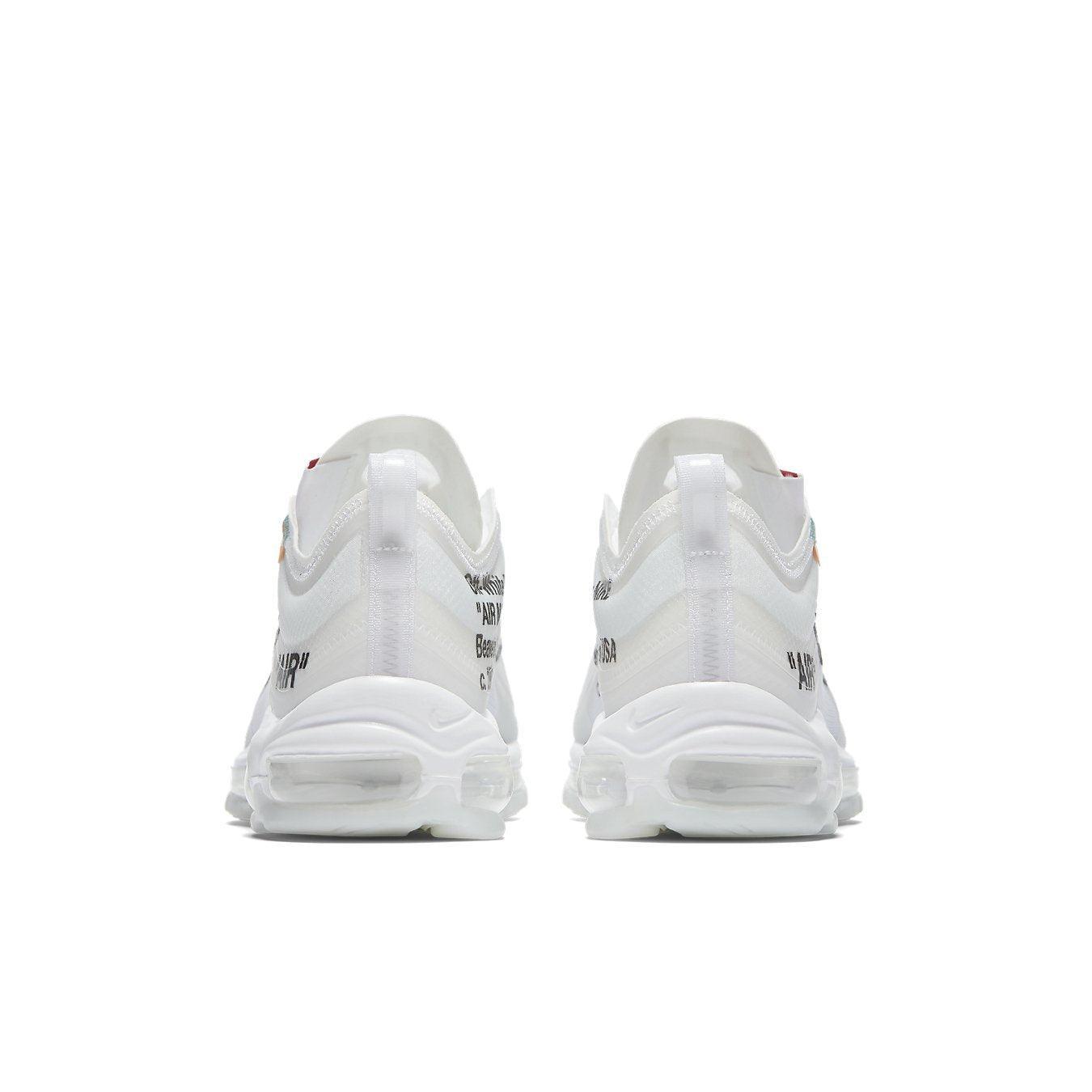 Nike Air Max 97 Off-White sneaker back view, showcasing transparent construction and unique design details.