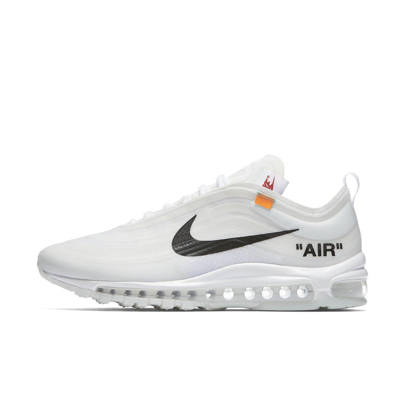 Nike Air Max 97 Off-White, Virgil Abloh design with transparent upper and black 'AIR' logo.