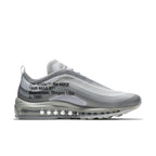 Off-White x Nike Air Max 97 in grey with iridescent Swoosh and distinctive design, showcasing Air cushioning.