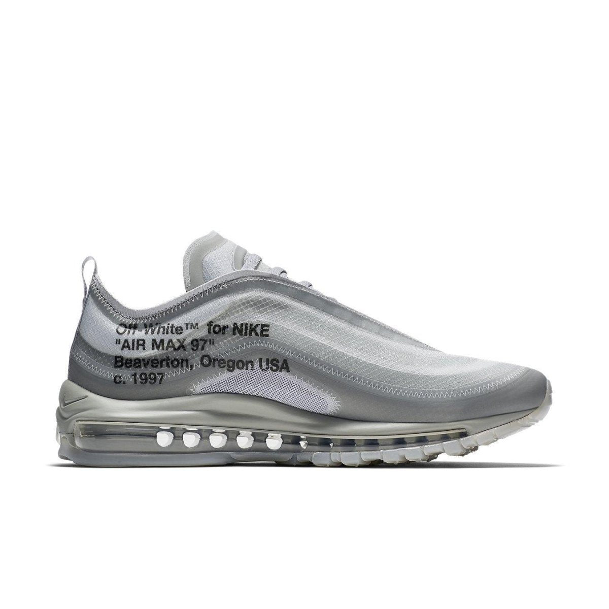 Off-White x Nike Air Max 97 in grey with iridescent Swoosh and distinctive design, showcasing Air cushioning.