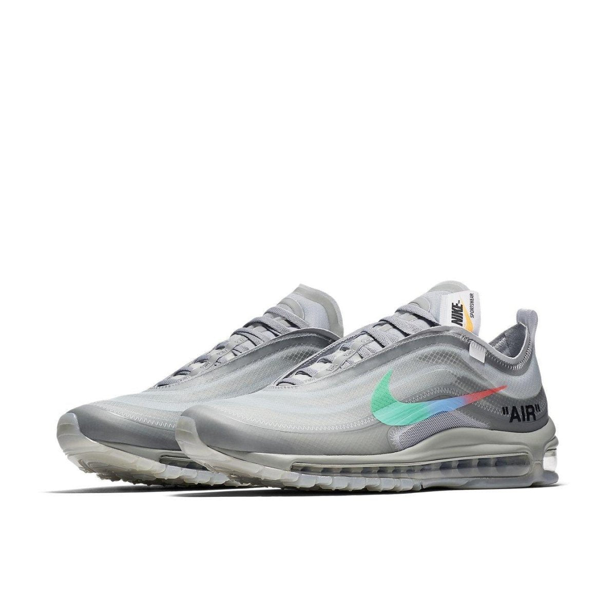 Nike Air Max 97 Off-White Menta in grey with iridescent Swoosh and clear sole, stylish and modern design.