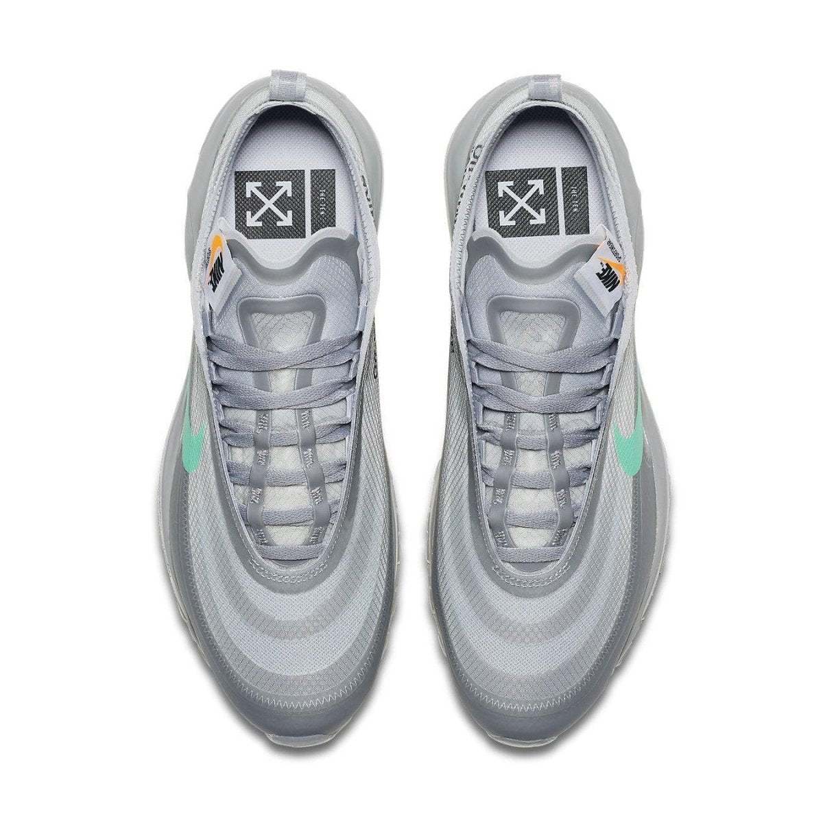 Nike Air Max 97 Off-White Menta sneakers in grey with iridescent Swoosh, top view