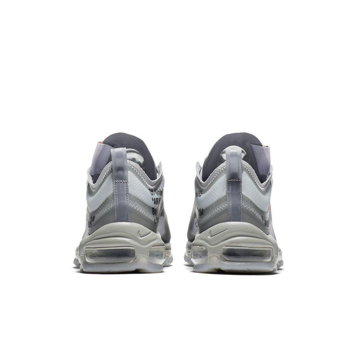 Rear view of Nike Air Max 97 Off-White Menta sneakers in grey with iridescent Swoosh and unique detailing.