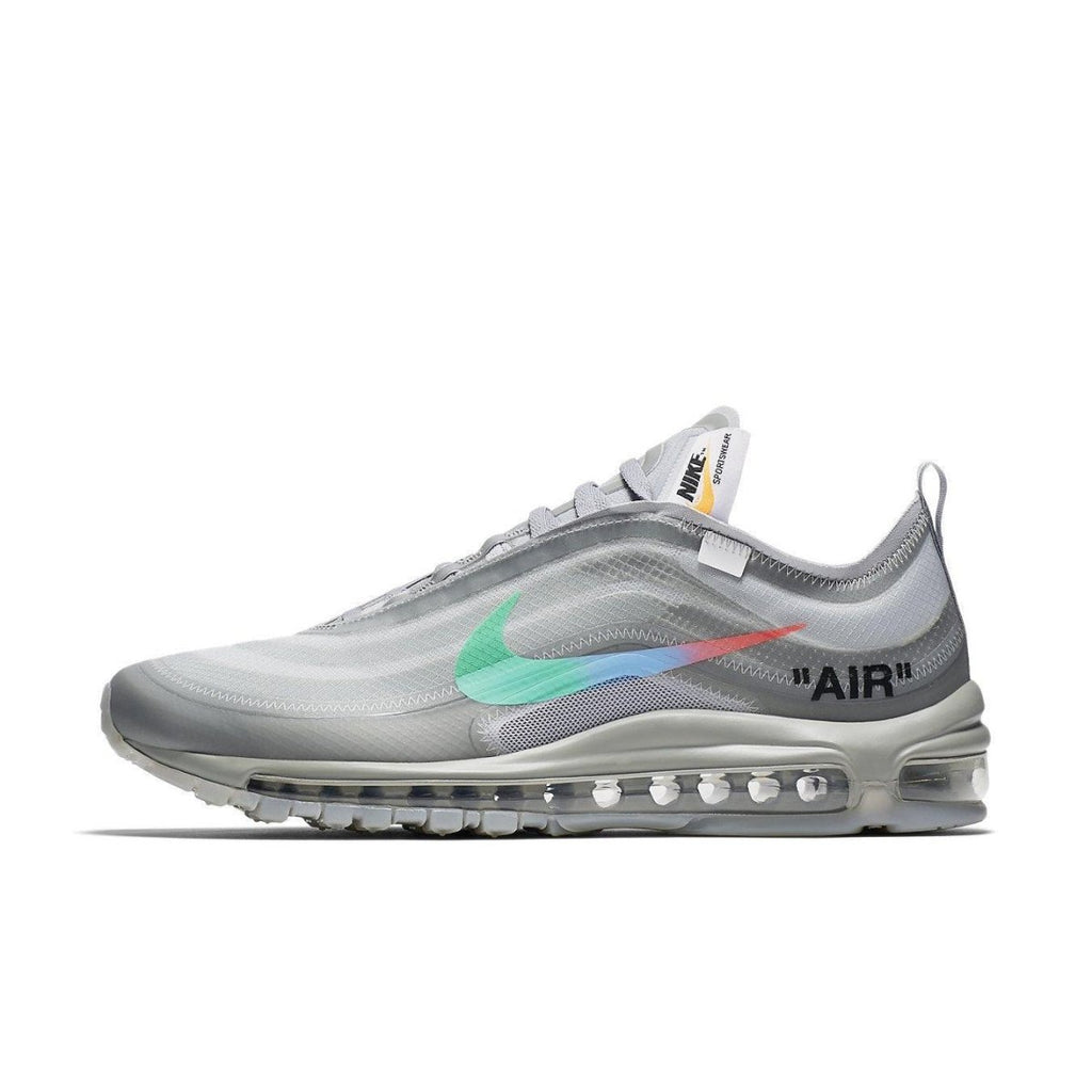 Nike Air Max 97 Off-White Menta in grey with iridescent Swoosh and 'AIR' detail on the side.