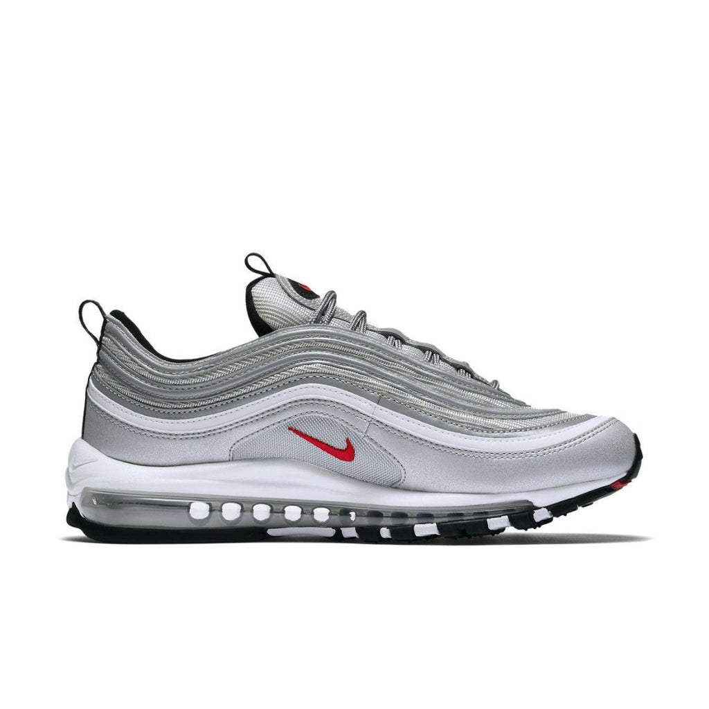Nike Air Max 97 Silver Bullet 2017 sneaker in metallic silver, varsity red, and white colorway, showcasing iconic design.