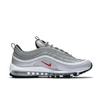 Nike Air Max 97 Silver Bullet 2017 sneaker in metallic silver, varsity red, and white colorway, showcasing iconic design.