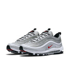 Nike Air Max 97 Silver Bullet sneakers in Metallic Silver, Varsity Red and White, showcasing a sleek and comfortable design.