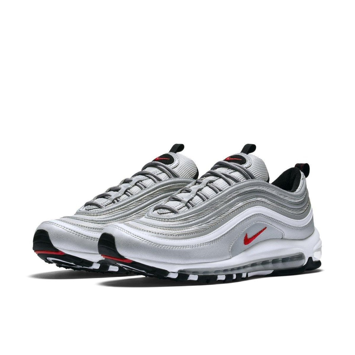 Nike Air Max 97 Silver Bullet sneakers in Metallic Silver, Varsity Red and White, showcasing a sleek and comfortable design.