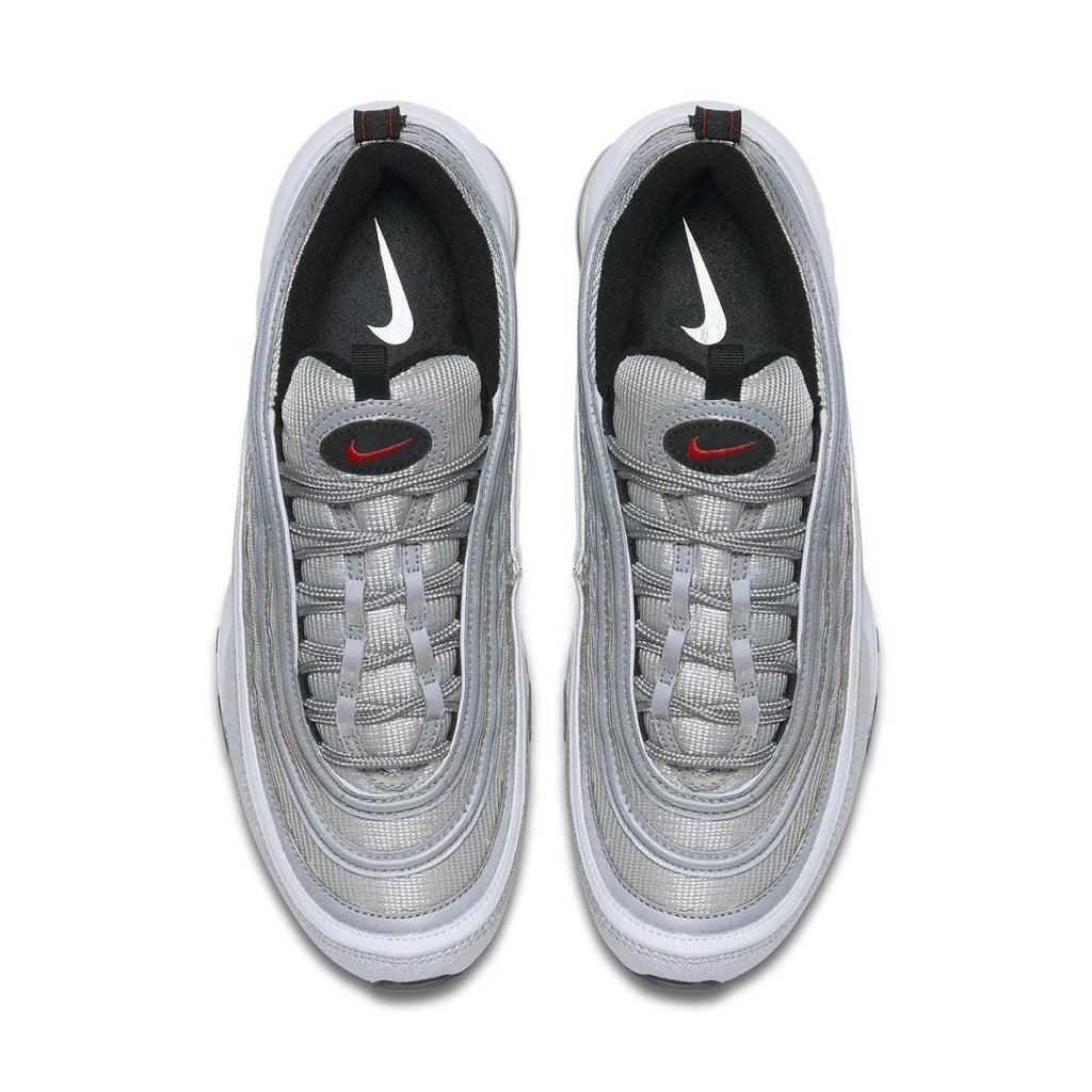 Nike Air Max 97 Silver Bullet 2017 sneaker from top view featuring metallic silver, varsity red, and white design.