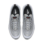 Nike Air Max 97 Silver Bullet 2017 sneaker from top view featuring metallic silver, varsity red, and white design.