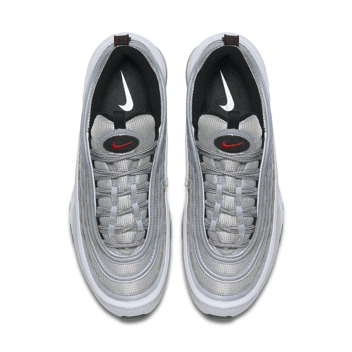Nike Air Max 97 Silver Bullet 2017 sneaker from top view featuring metallic silver, varsity red, and white design.