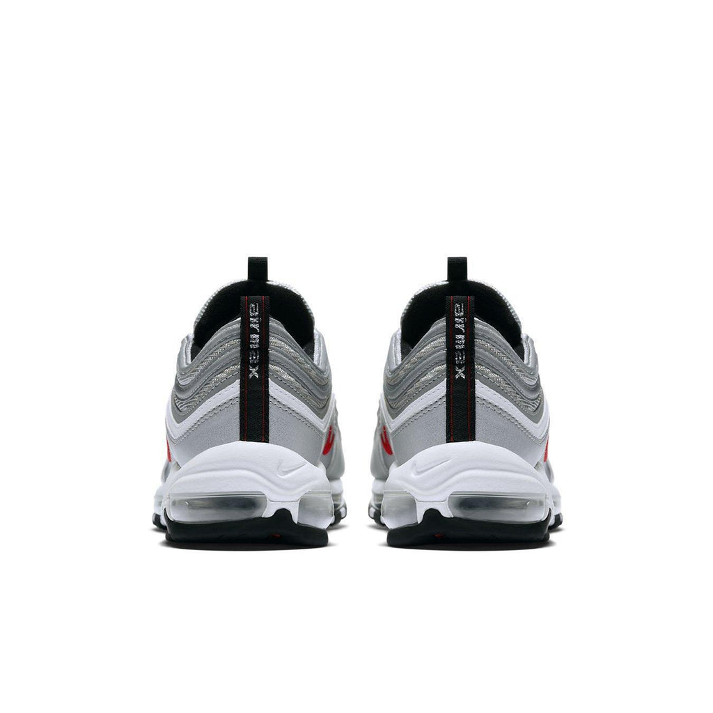Back view of Nike Air Max 97 Silver Bullet 2017 sneakers featuring metallic silver and red accents.