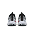 Back view of Nike Air Max 97 Silver Bullet 2017 sneakers featuring metallic silver and red accents.