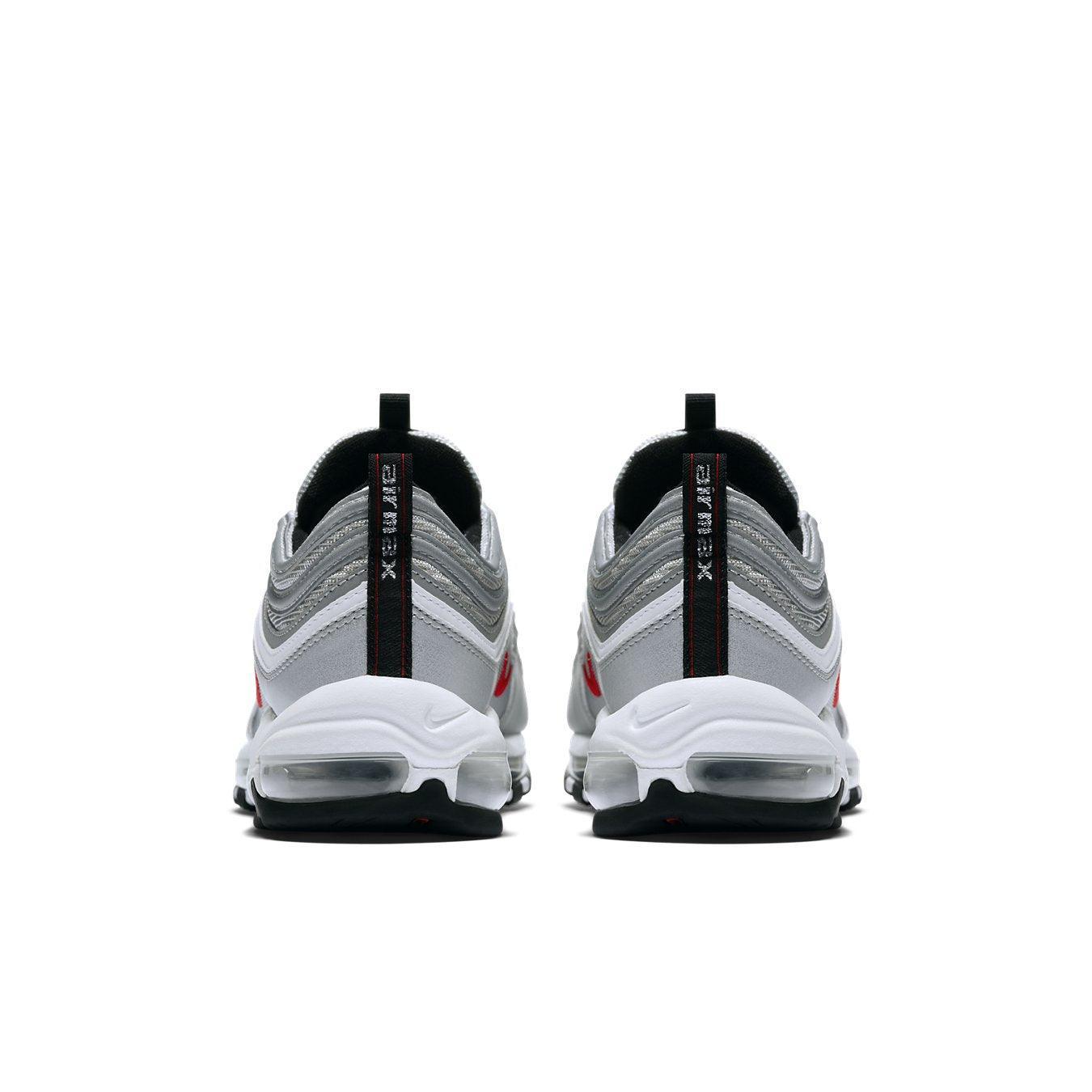 Back view of Nike Air Max 97 Silver Bullet 2017 sneakers featuring metallic silver and red accents.