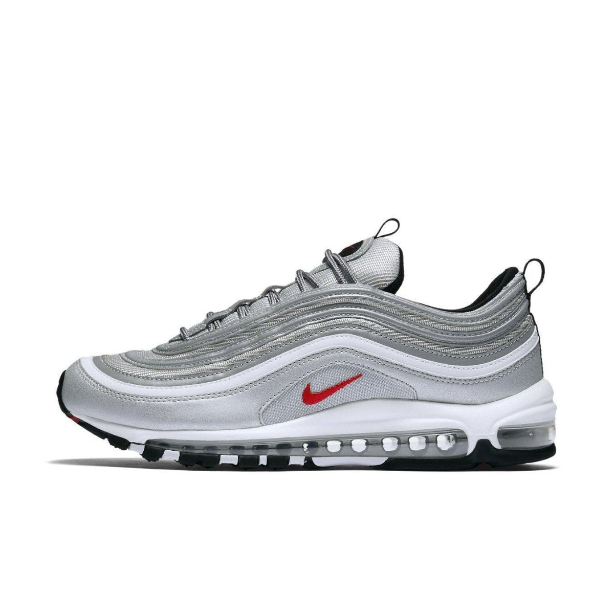 Nike Air Max 97 Silver Bullet sneaker in metallic silver with red and white accents, side view.