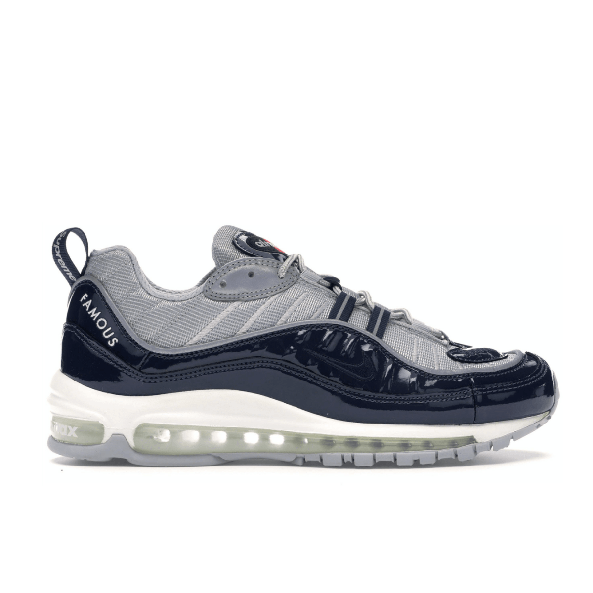 Nike Air Max 98 Supreme Obsidian sneakers featuring gray mesh upper and dark blue patent accents.