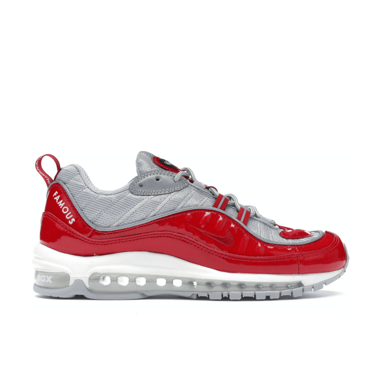 Nike Air Max 98 Supreme Varsity Red sneakers featuring metallic mesh and glossy red accents.