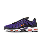 Nike Air Max Plus OG Voltage Purple sneaker side view, featuring vibrant purple shades and orange accents.