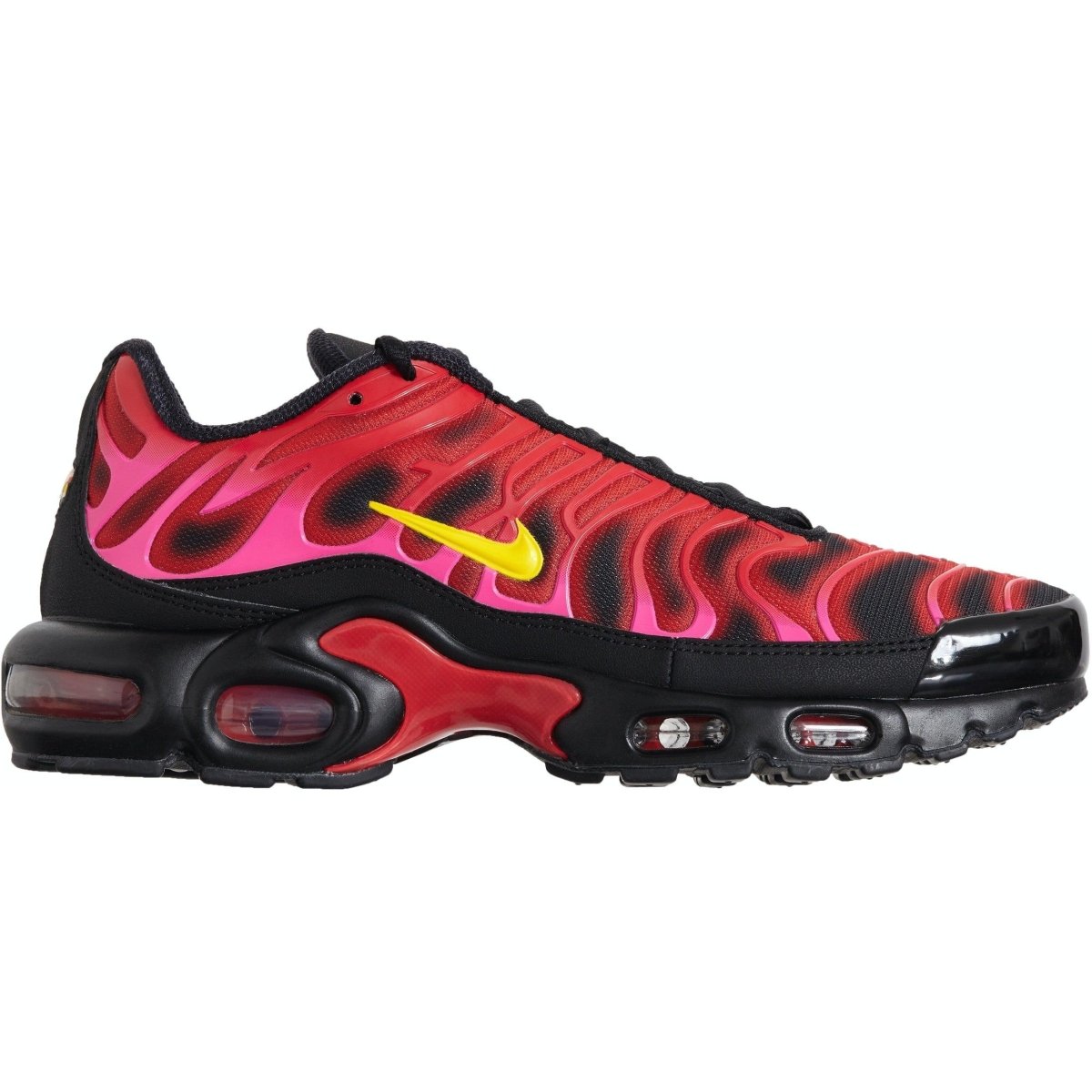 Nike Air Max Plus Supreme Black featuring red and pink gradient design with yellow Swoosh and black sole.