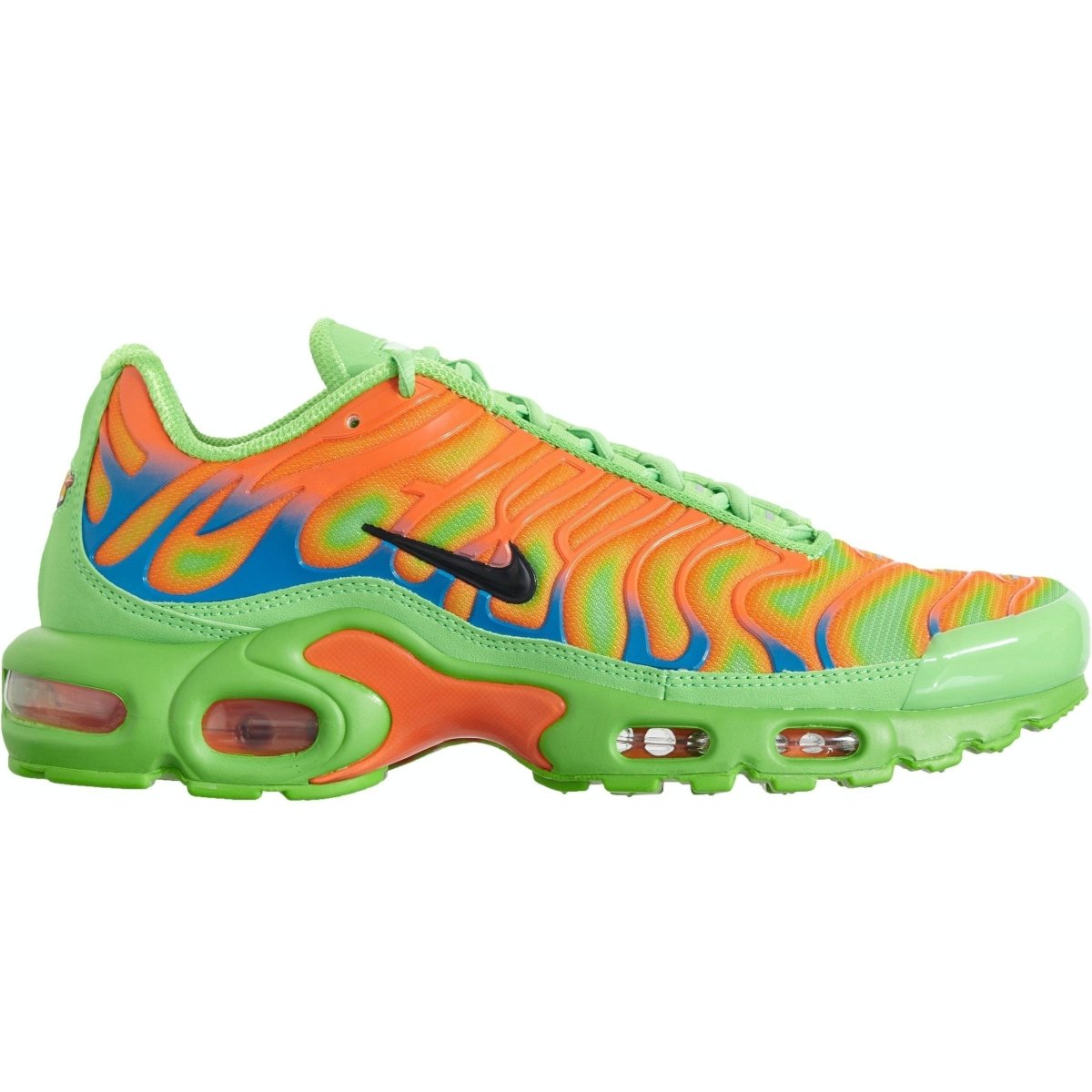 Nike Air Max Plus Supreme Green sneaker featuring bold lime green and orange flame design.