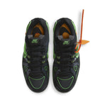 Nike Air Rubber Dunk Off-White Green Strike, black upper with green accents and signature orange tag, top view.