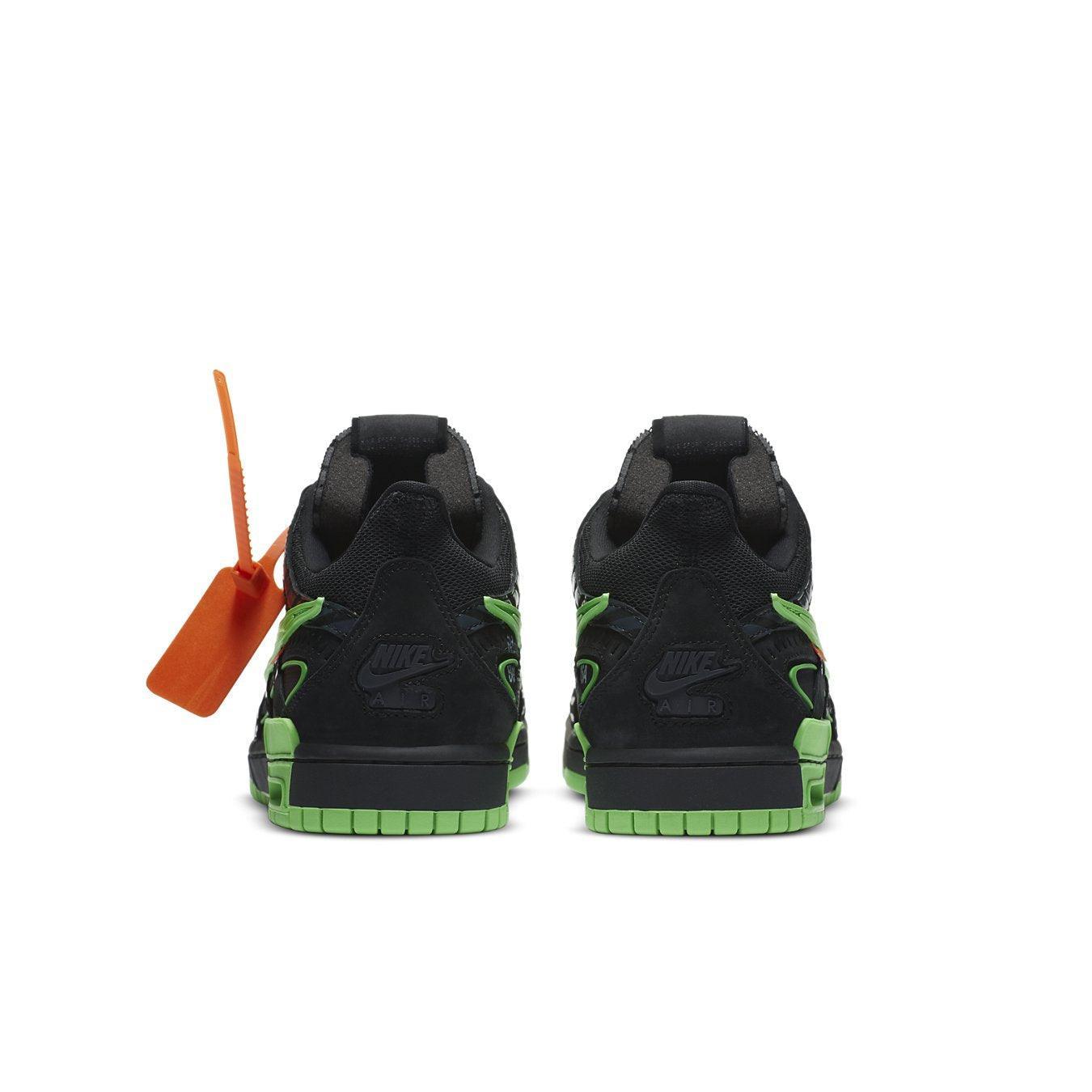 Nike Air Rubber Dunk Off-White Green Strike back view showcasing black and green design with signature tag.