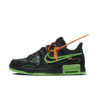 Nike Air Rubber Dunk Off-White Green Strike sneaker featuring black and green colorway and iconic Off-White detailing.