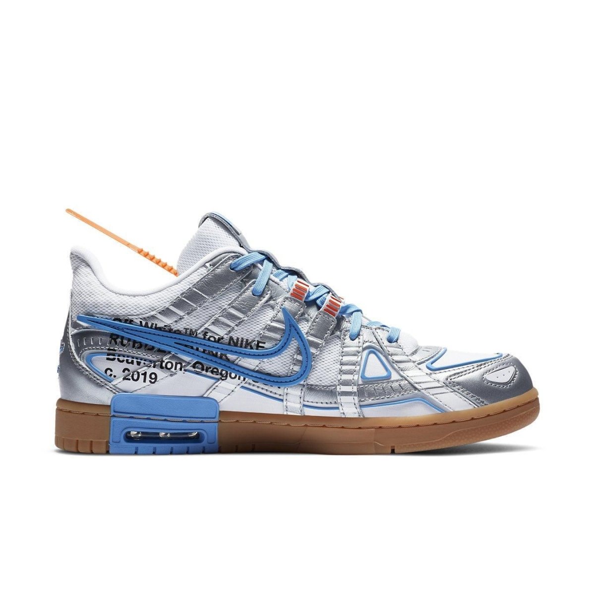 Nike Air Rubber Dunk Off-White UNC sneaker featuring blue and silver design with gum sole and deconstructed style.