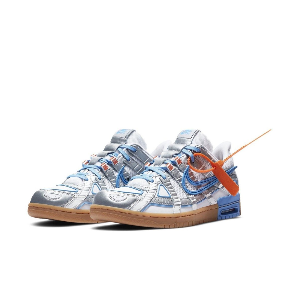 Nike Air Rubber Dunk Off-White UNC sneakers featuring a unique design with blue accents and distinctive lacing details.