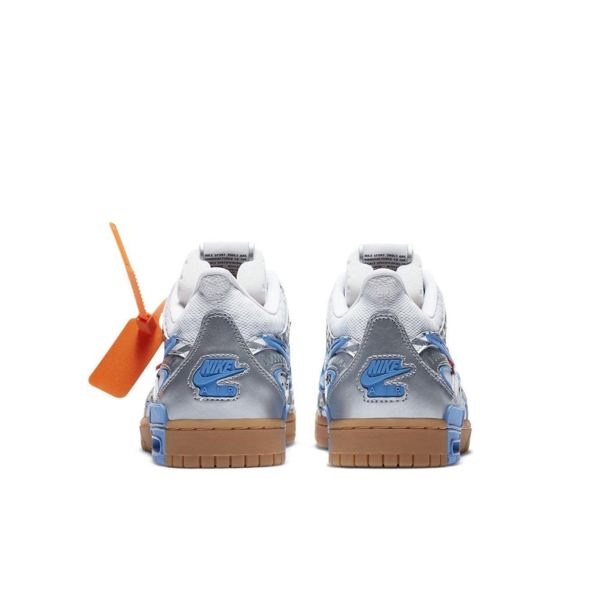 Nike Air Rubber Dunk Off-White UNC sneakers with blue and gray design, featuring an orange tag.