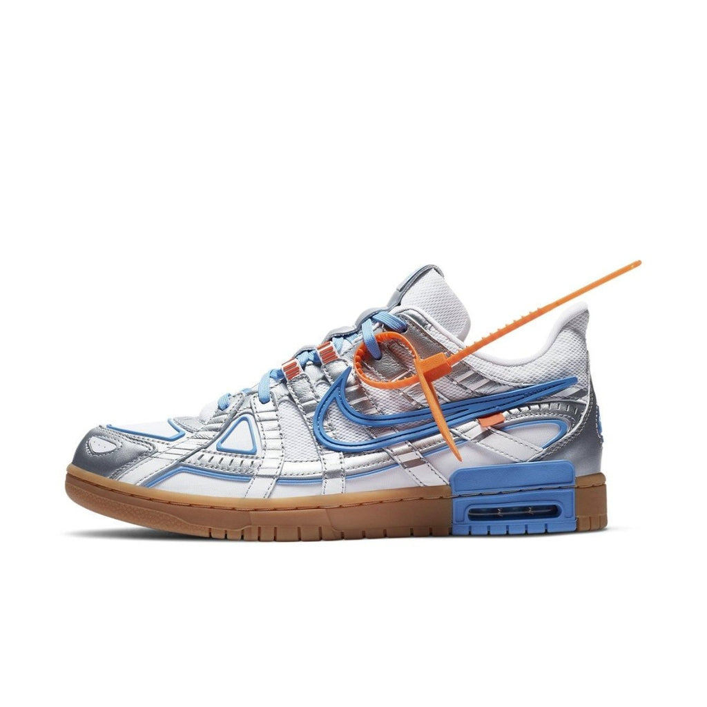 Nike Air Rubber Dunk Off-White UNC featuring a reinvented upper and vibrant blue accents.