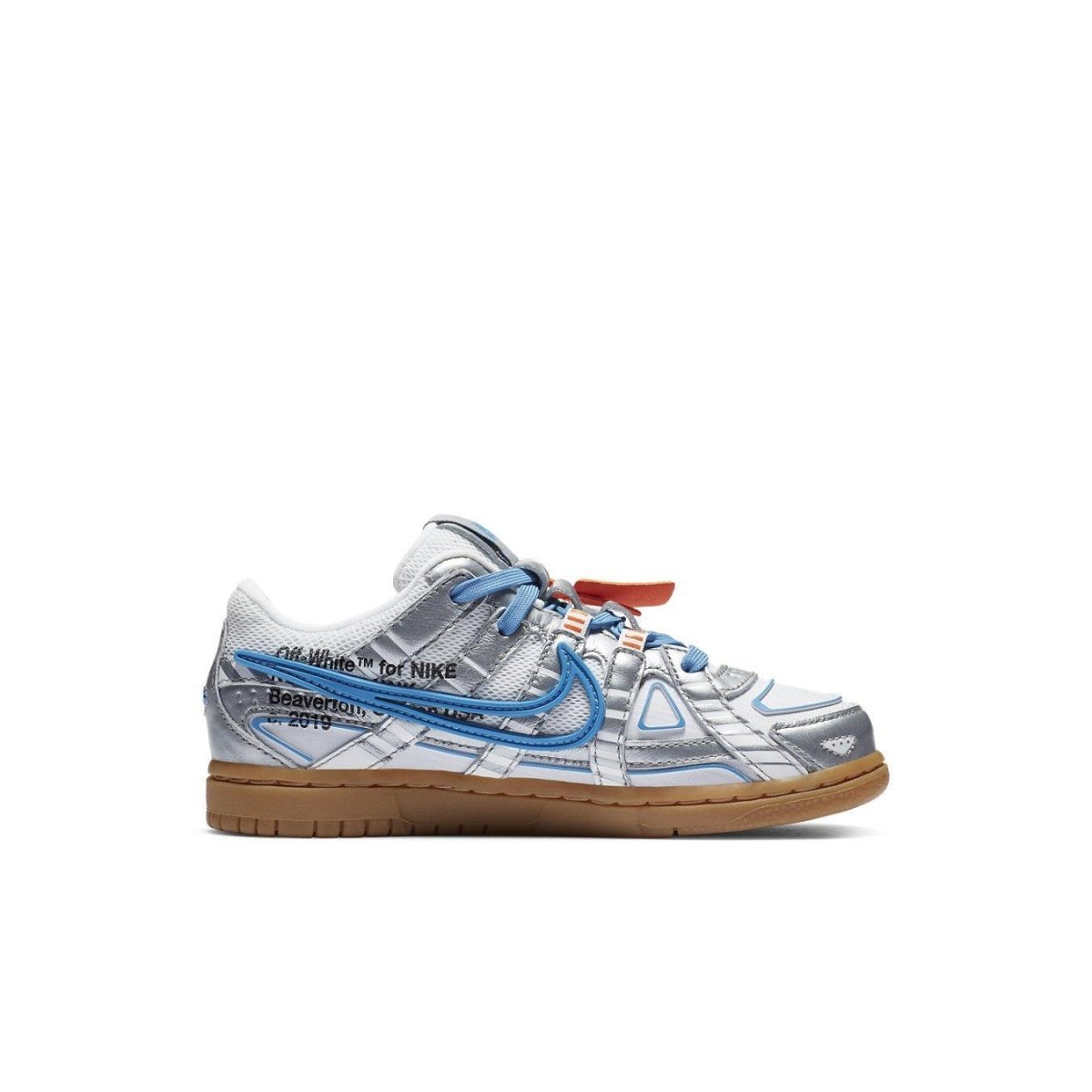 Nike Air Rubber Dunk Off-White University Blue featuring mesh upper, blue accents, and gum sole.