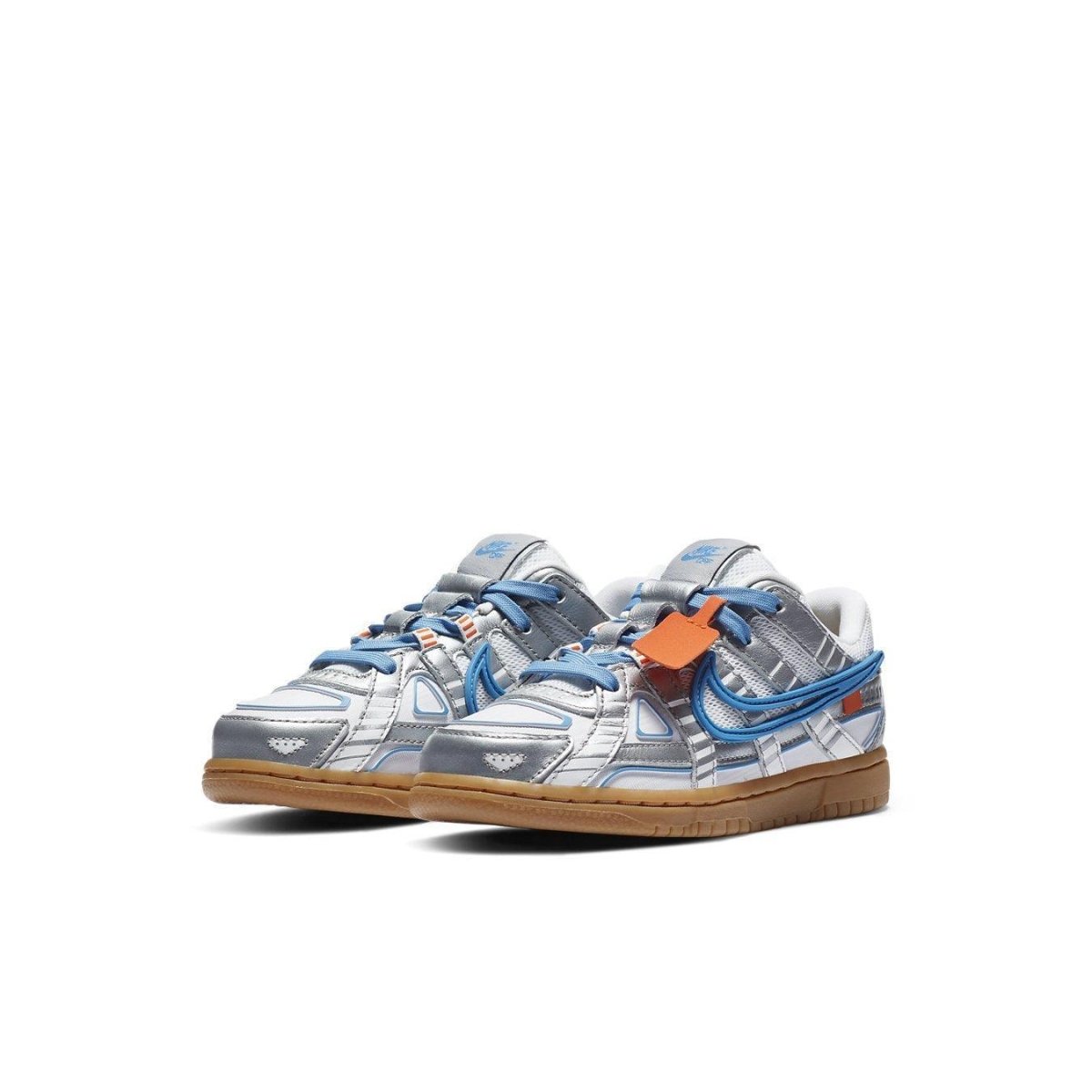 Nike Air Rubber Dunk Off-White University Blue sneakers featuring silver mesh and visible Air cushioning.